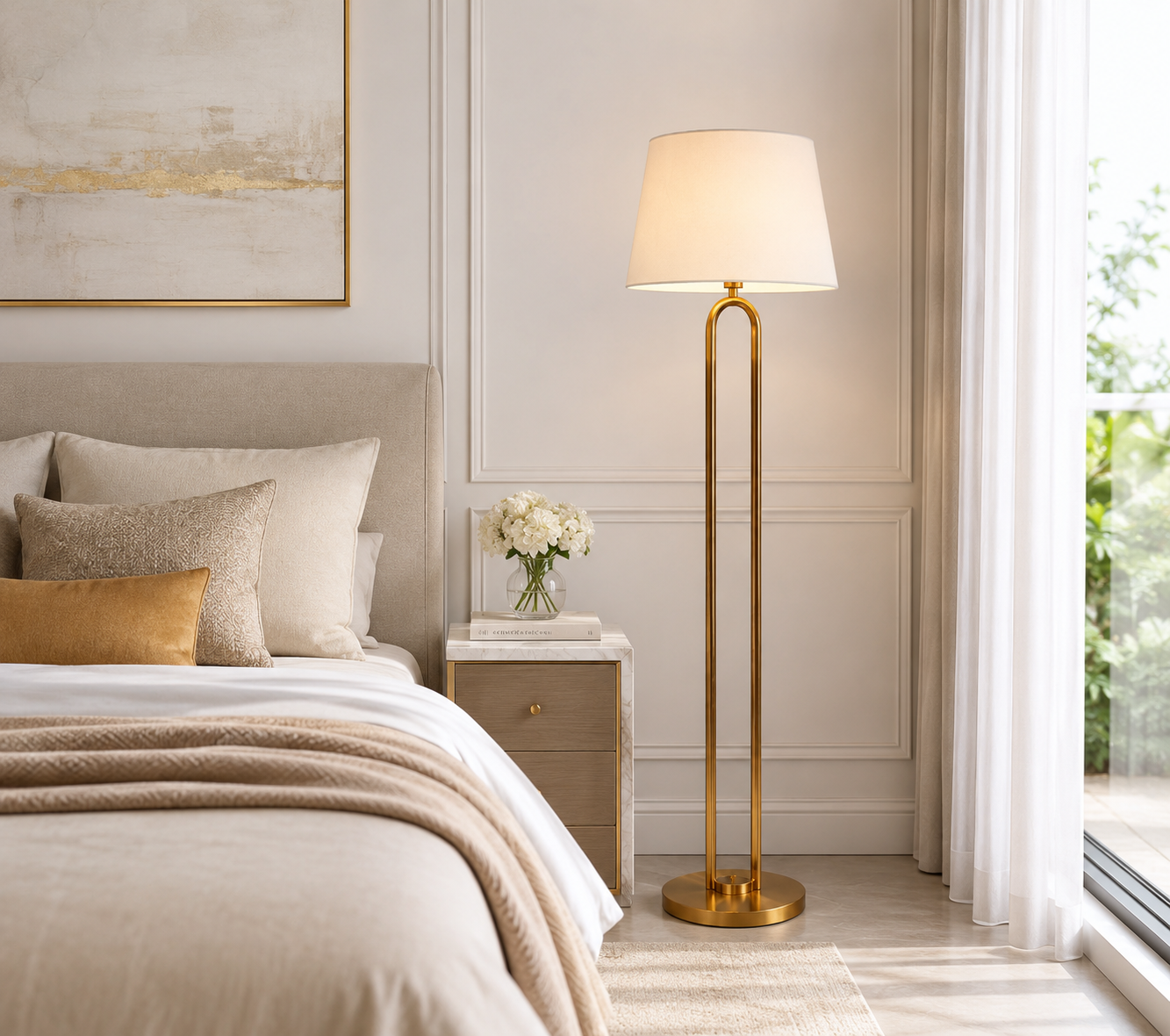 HDC Modern Brass & Wooden Floor Lamp with Fabric Shade for Bedroom, Living Room