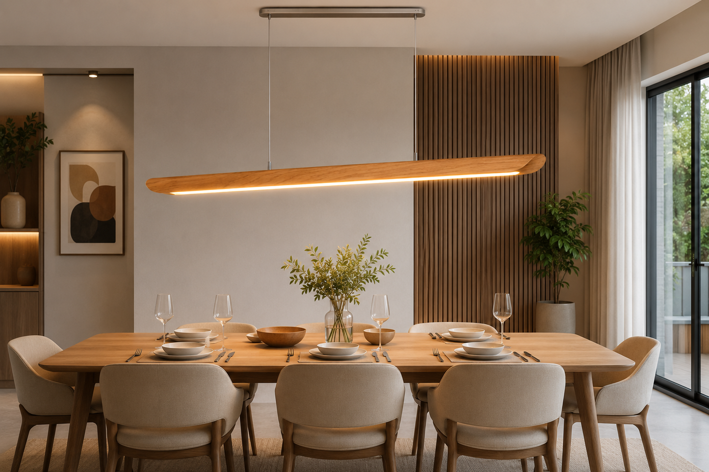 HDC Modern Wooden Linear LED Chandelier for Dining Area