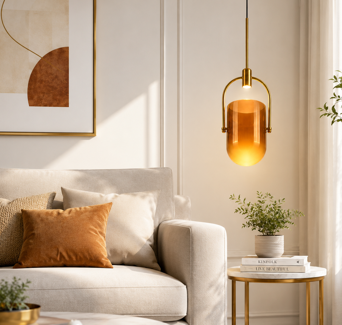 HDC Modern Amber Glass Pendant Light for Bedroom, Living Room