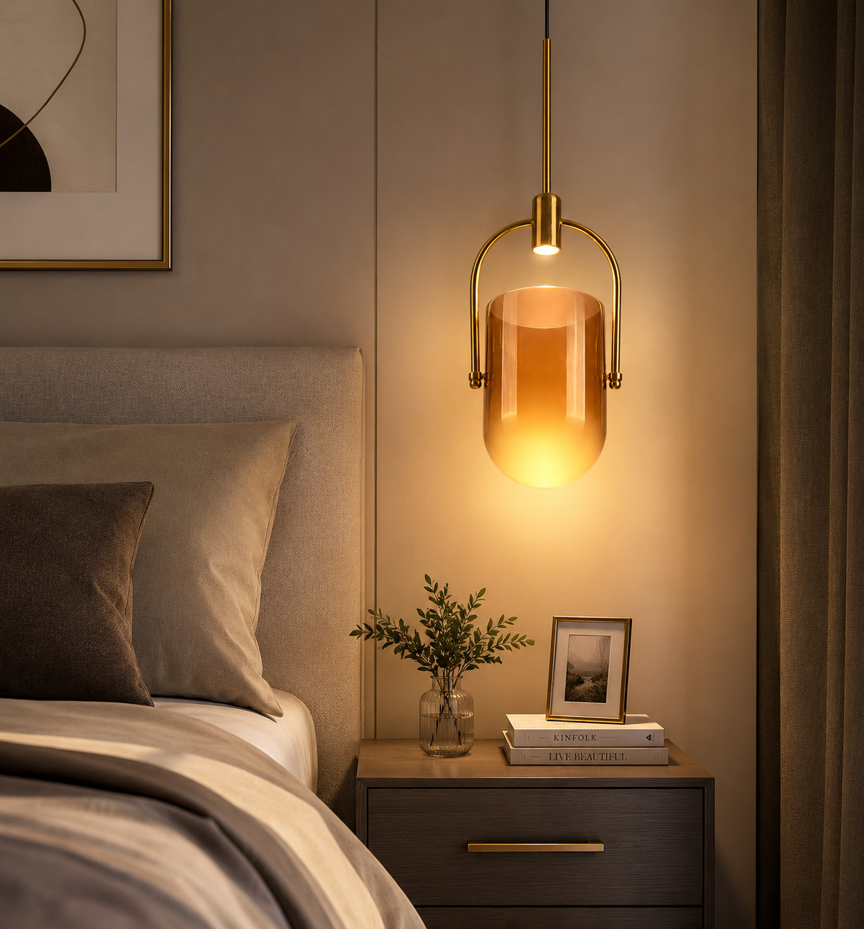 HDC Modern Amber Glass Pendant Light for Bedroom, Living Room
