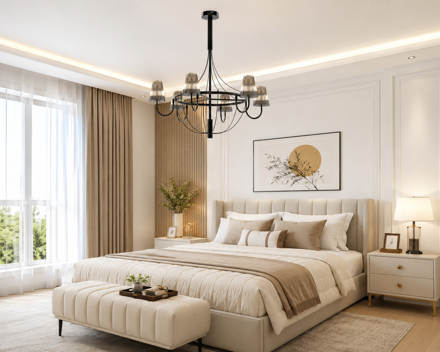 HDC Modern Black Metal & Smoke Glass Chandelier for Bedroom, Living Room