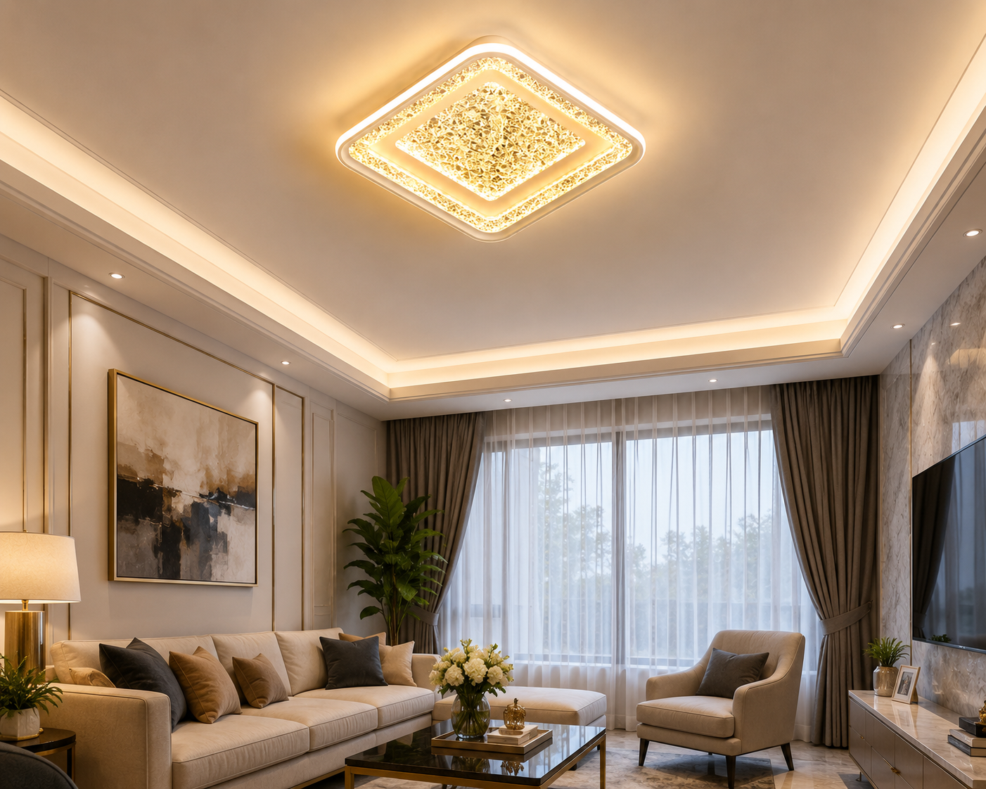 HDC Luxury Crystal LED Square & Round Ceiling Light for Bedroom, Living Room