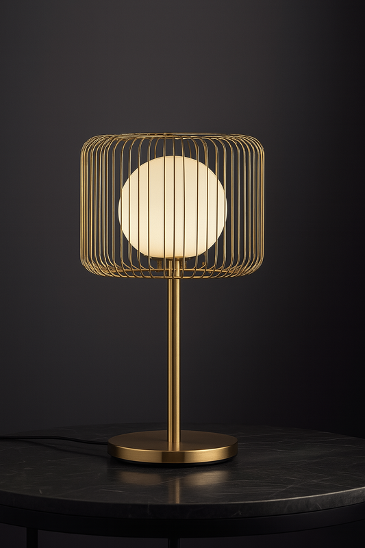 Hdc Modern Luxe Gold Cage Table Lamp with Frosted Globe