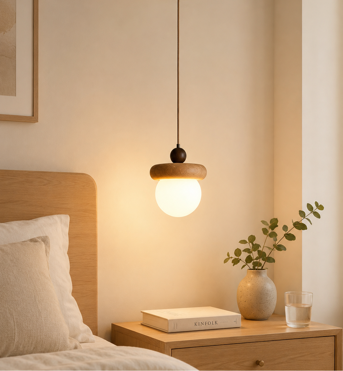 HDC Modern Wooden Globe Pendant Light for Bedroom, Living Room