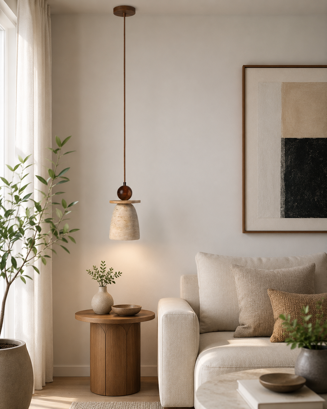 HDC Modern Ceramic Pendant Light with Wooden Accent for Bedroom, Living Room