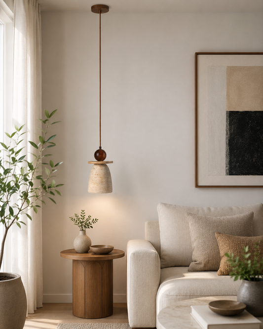 HDC Modern Ceramic Pendant Light with Wooden Accent for Bedroom, Living Room