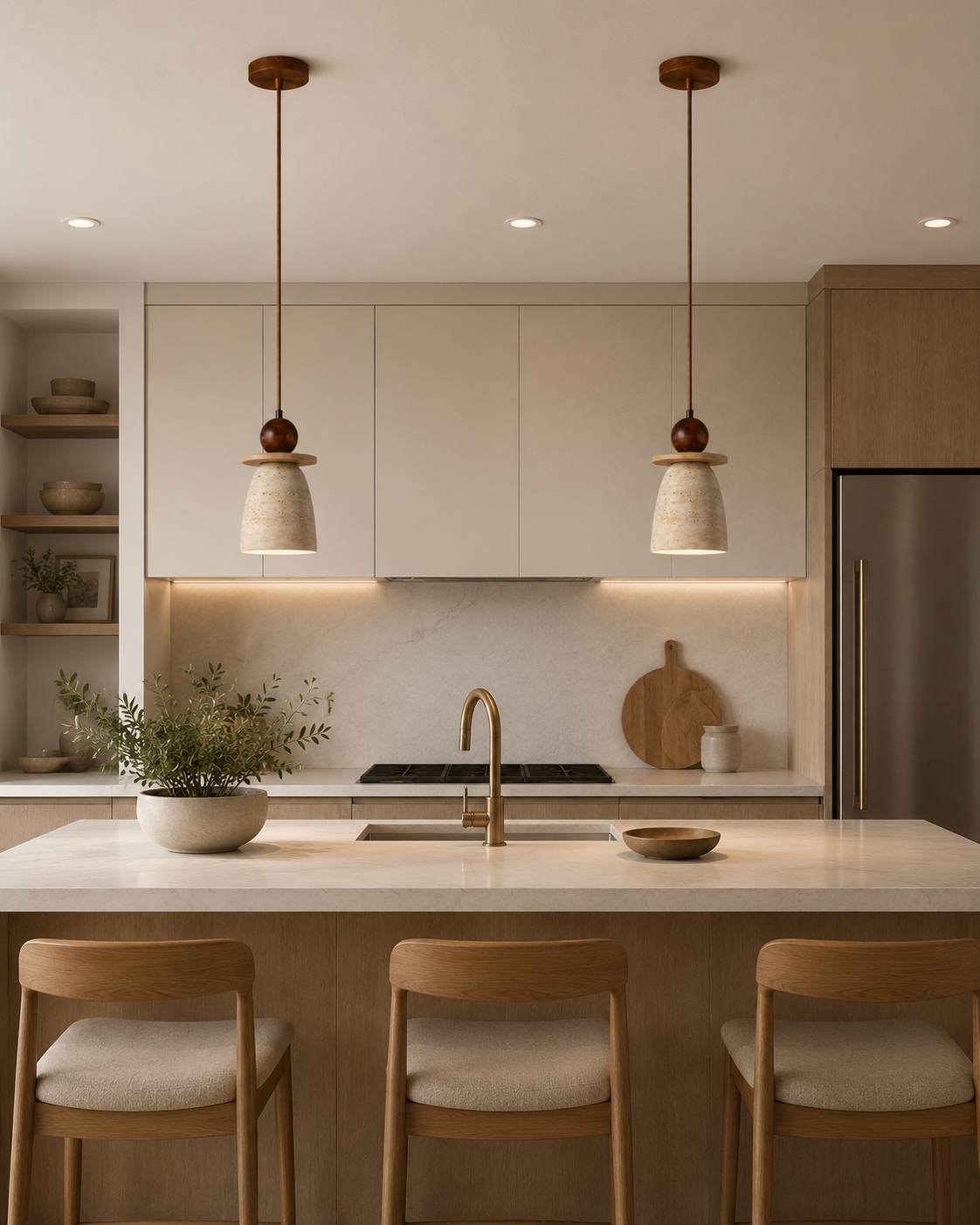 HDC Modern Ceramic Pendant Light with Wooden Accent for Bedroom, Living Room