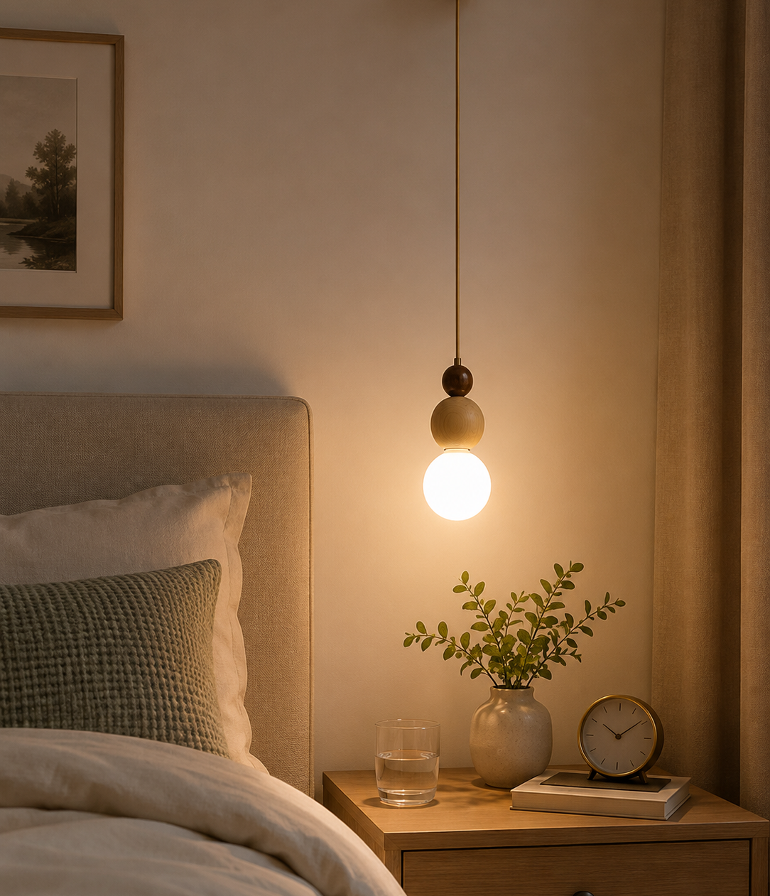 HDC Modern Wooden Globe Pendant Light for Bedroom, Living Room