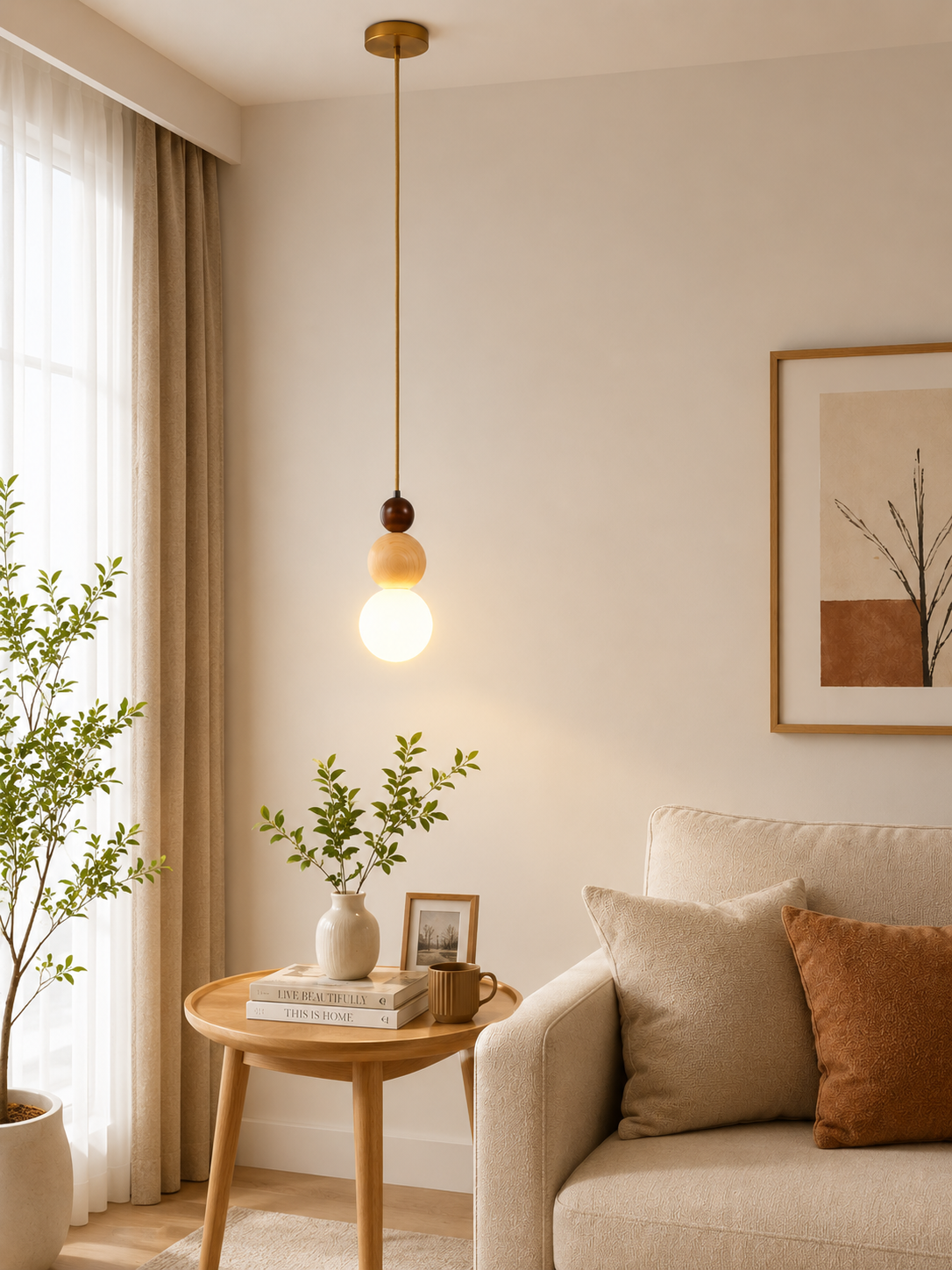 HDC Modern Wooden Globe Pendant Light for Bedroom, Living Room