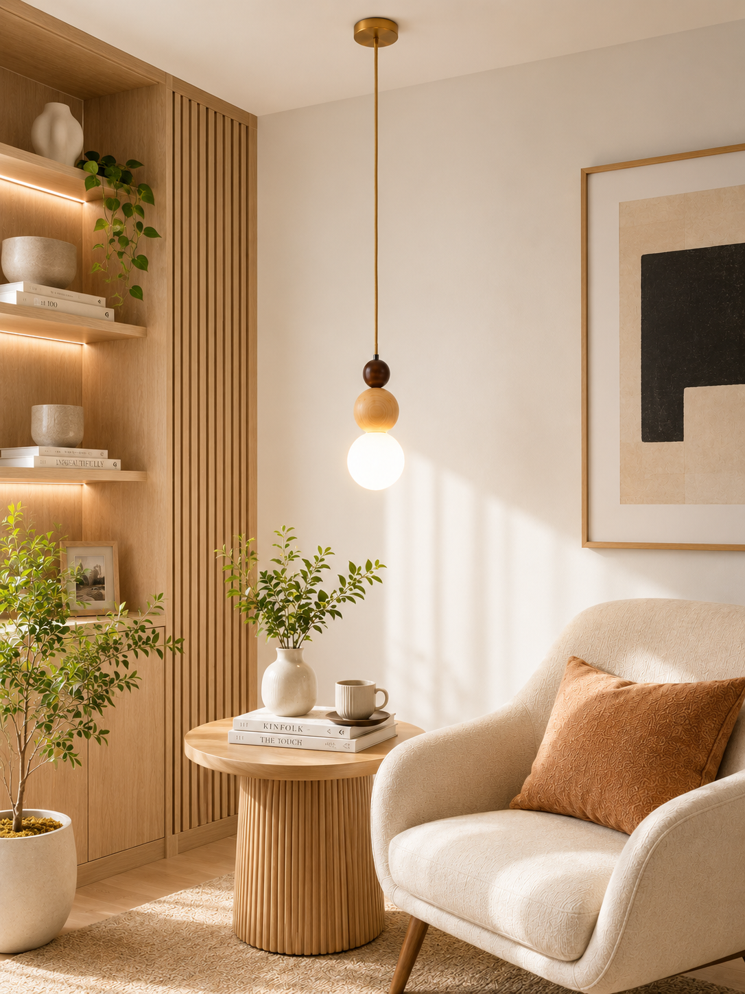 HDC Modern Wooden Globe Pendant Light for Bedroom, Living Room