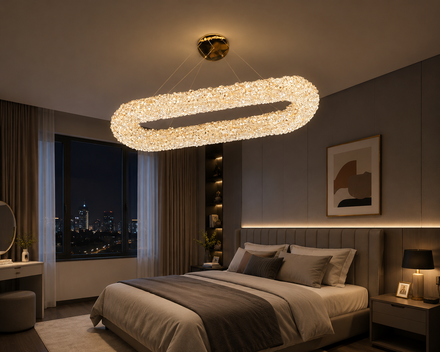 HDC Luxury Crystal Oval LED Chandelier for Bedroom, Living Room