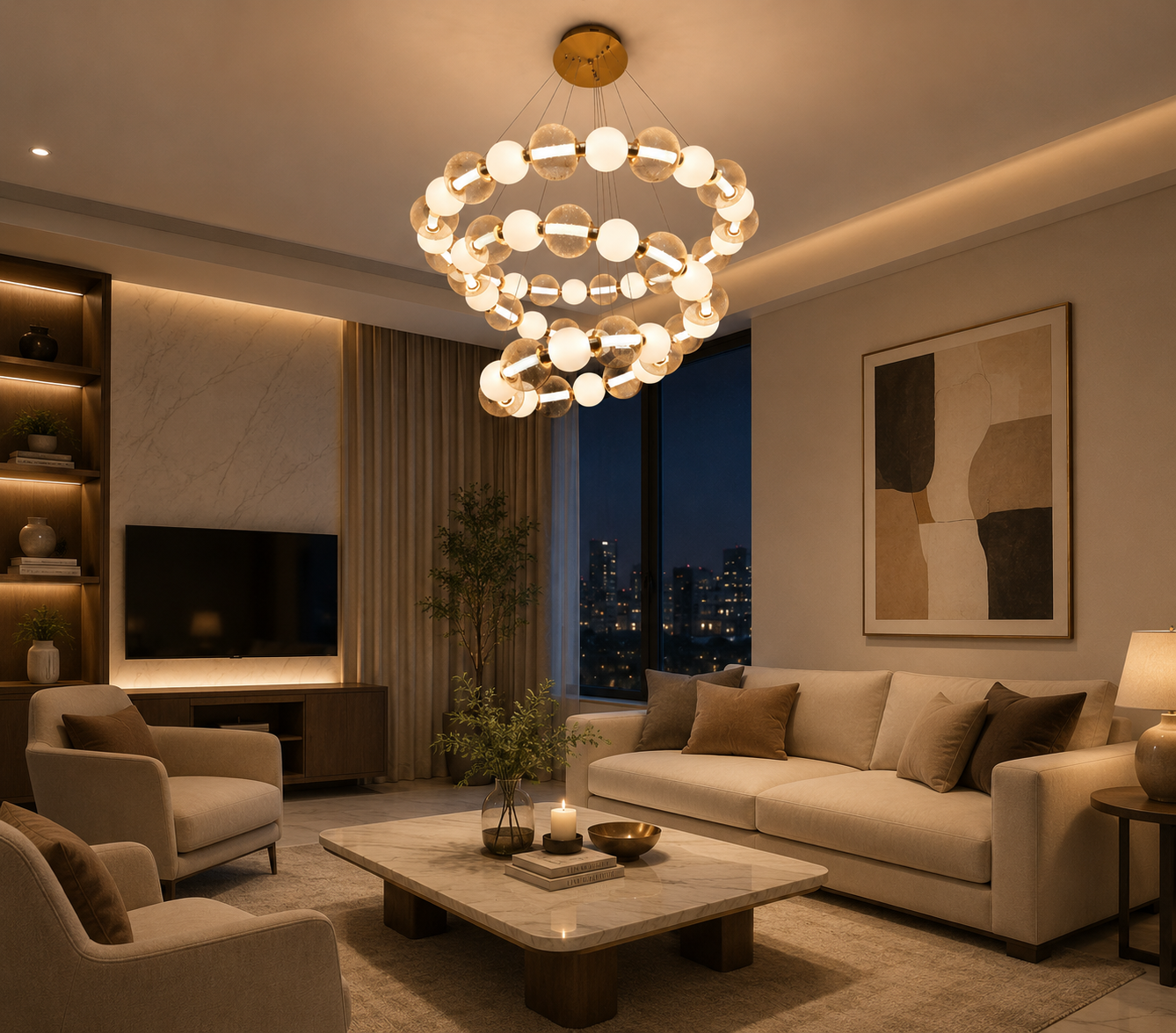 HDC Luxury Gold 3-Ring Modern LED Chandelier for Bedroom, Living Room
