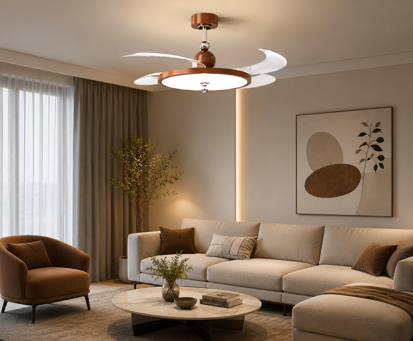 HDC Modern Retractable LED Ceiling Fan with Acrylic Blades for Bedroom, Living Room