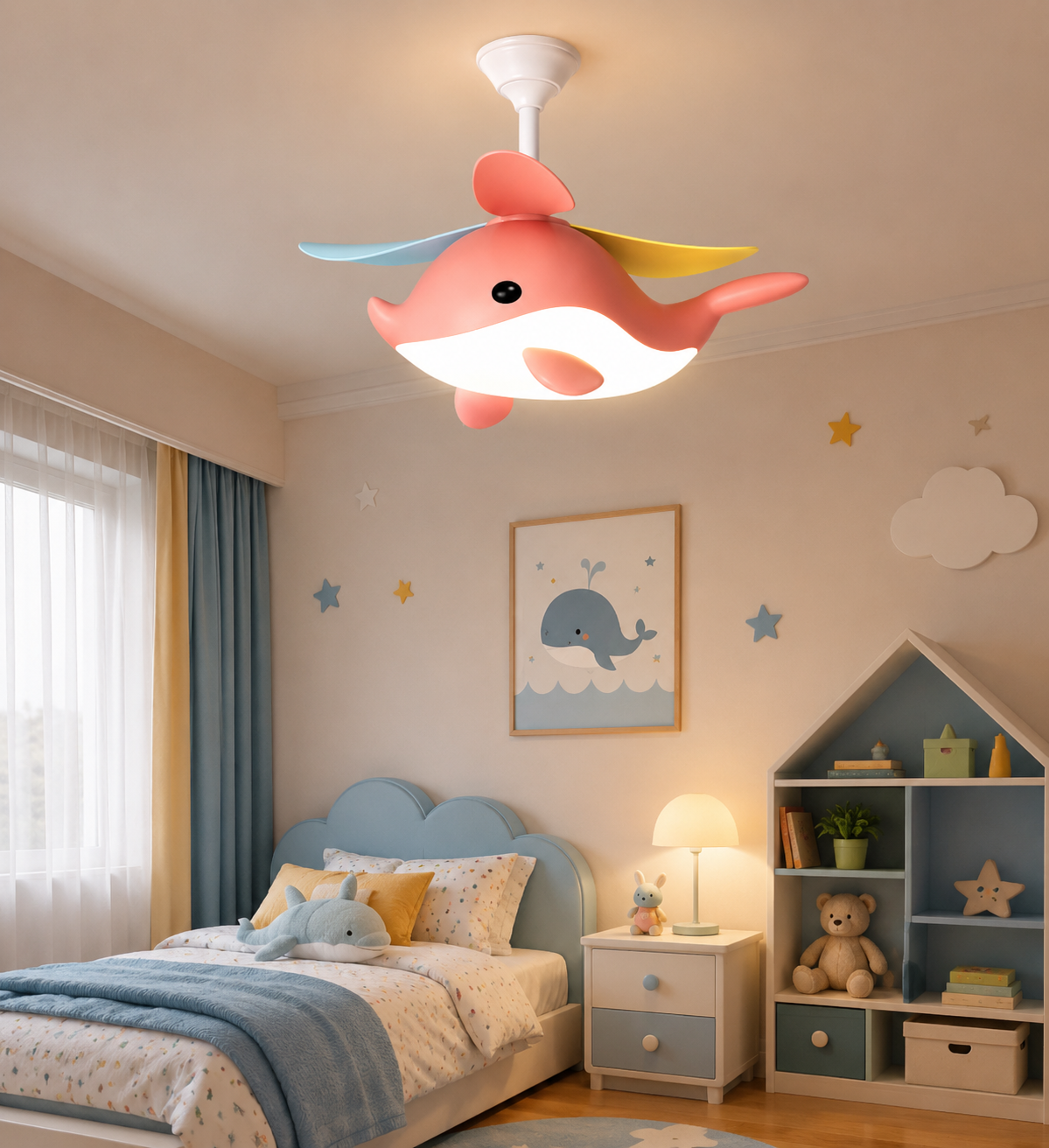 HDC Cute Whale Kids Ceiling Fan Light for Kids Bedroom, Nursery, Playroom