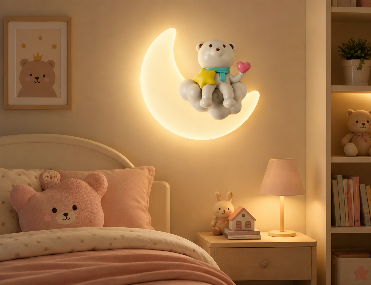 HDC Cute Bear Moon Kids Wall Light for Kids Bedroom, Nursery, Playroom