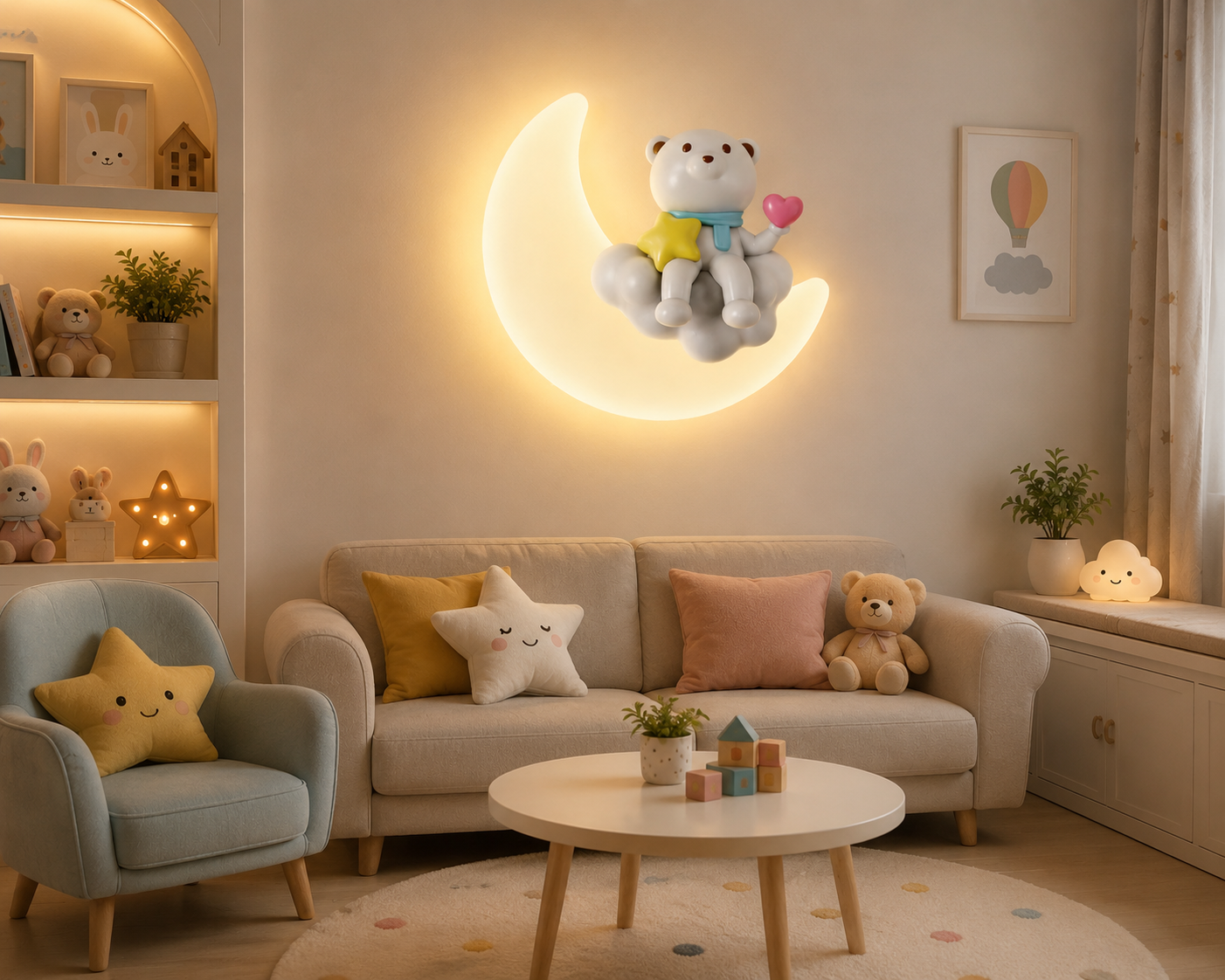 HDC Cute Bear Moon Kids Wall Light for Kids Bedroom, Nursery, Playroom