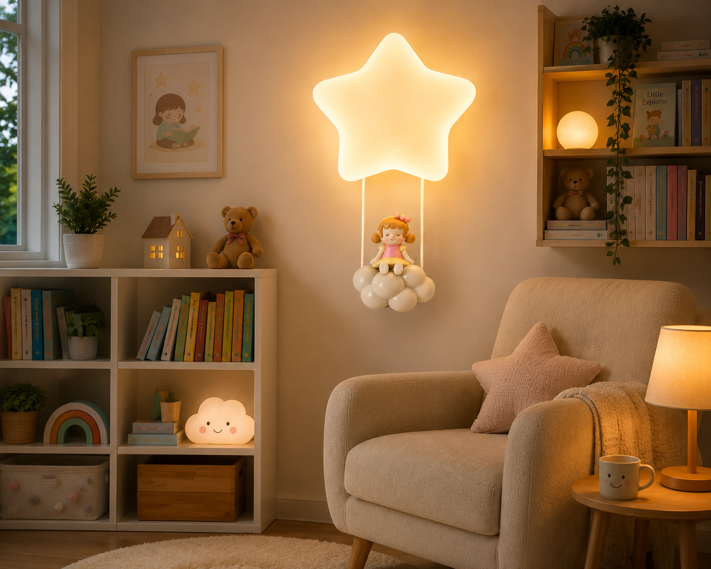 HDC Cute Star Kids LED Wall Light with Cloud Doll for Kids Bedroom, Nursery, Playroom