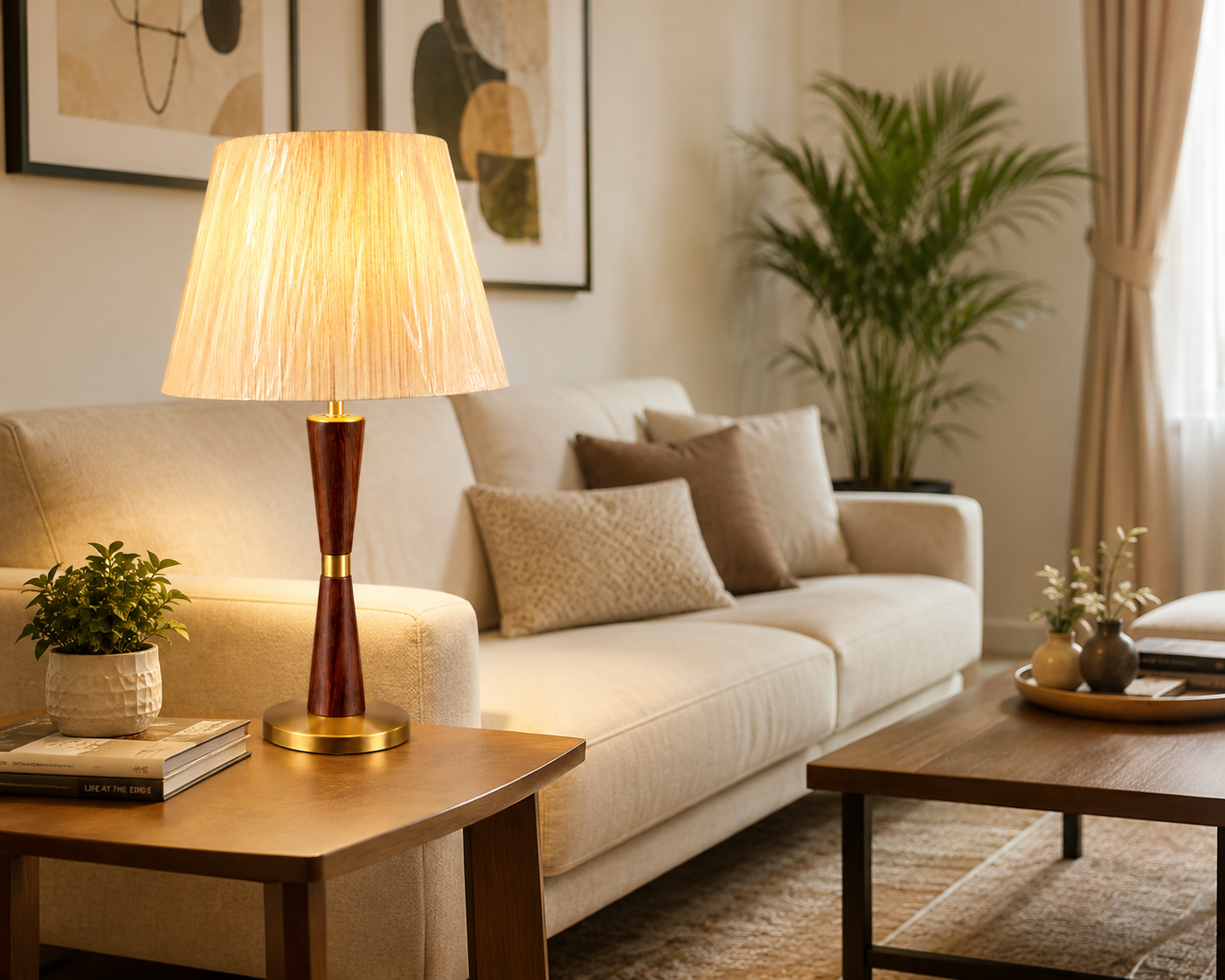 HDC Luxury Wooden Finish Table Lamp with Fabric Shade for Bedside & Living Room Lamp