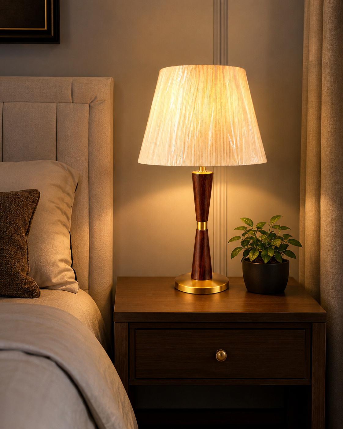 HDC Luxury Wooden Finish Table Lamp with Fabric Shade for Bedside & Living Room Lamp