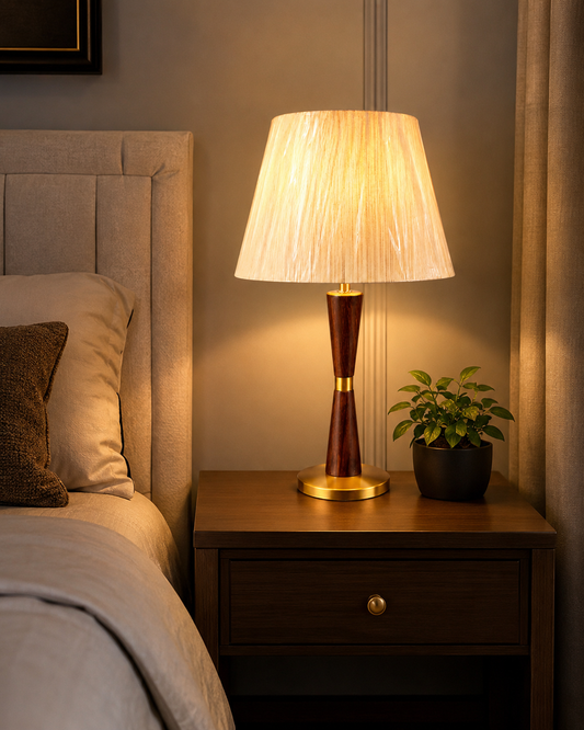 HDC Luxury Wooden Finish Table Lamp with Fabric Shade for Bedside & Living Room Lamp