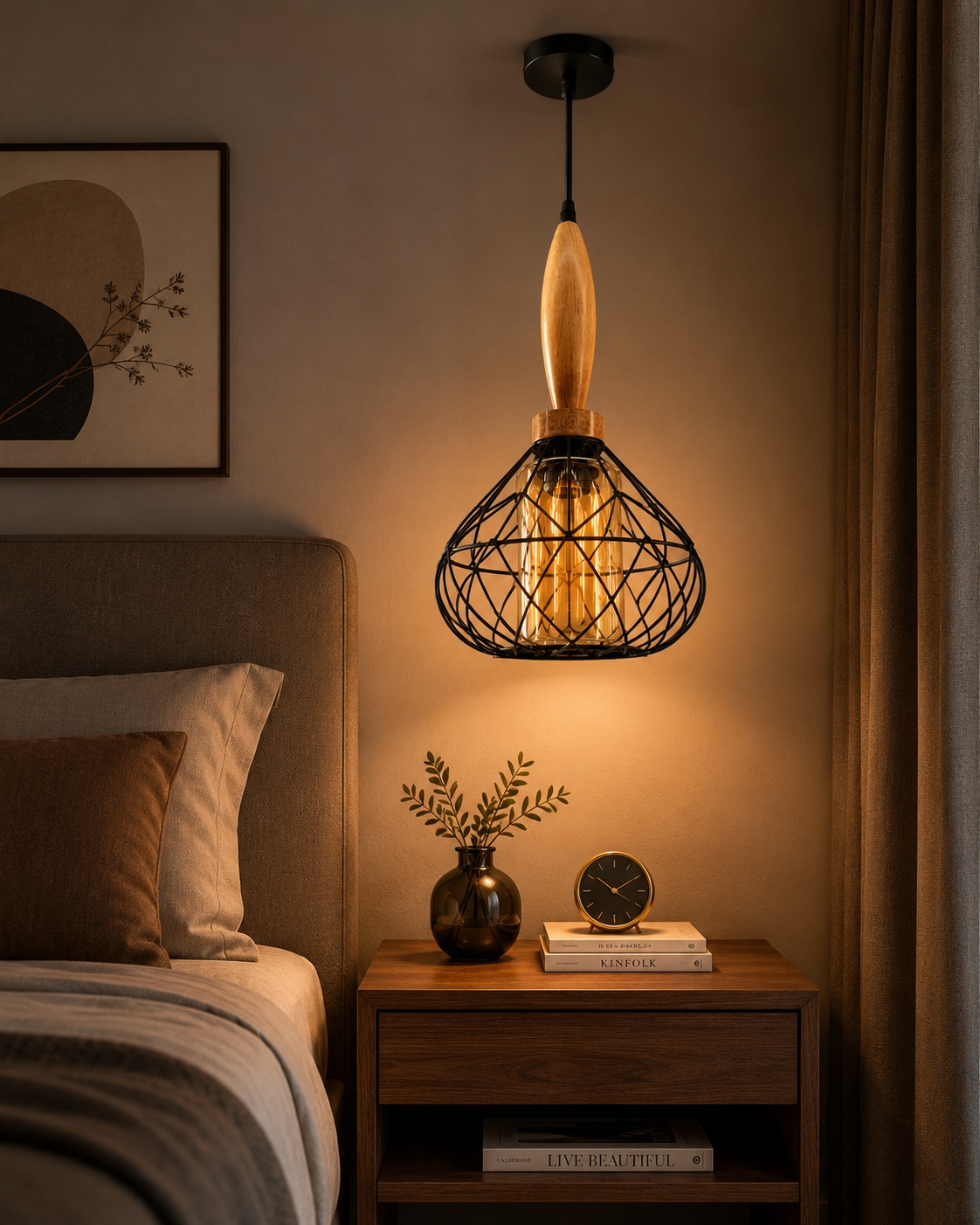 Ojaro Modern Wooden Cage Pendant Light for Bedroom, Living Room