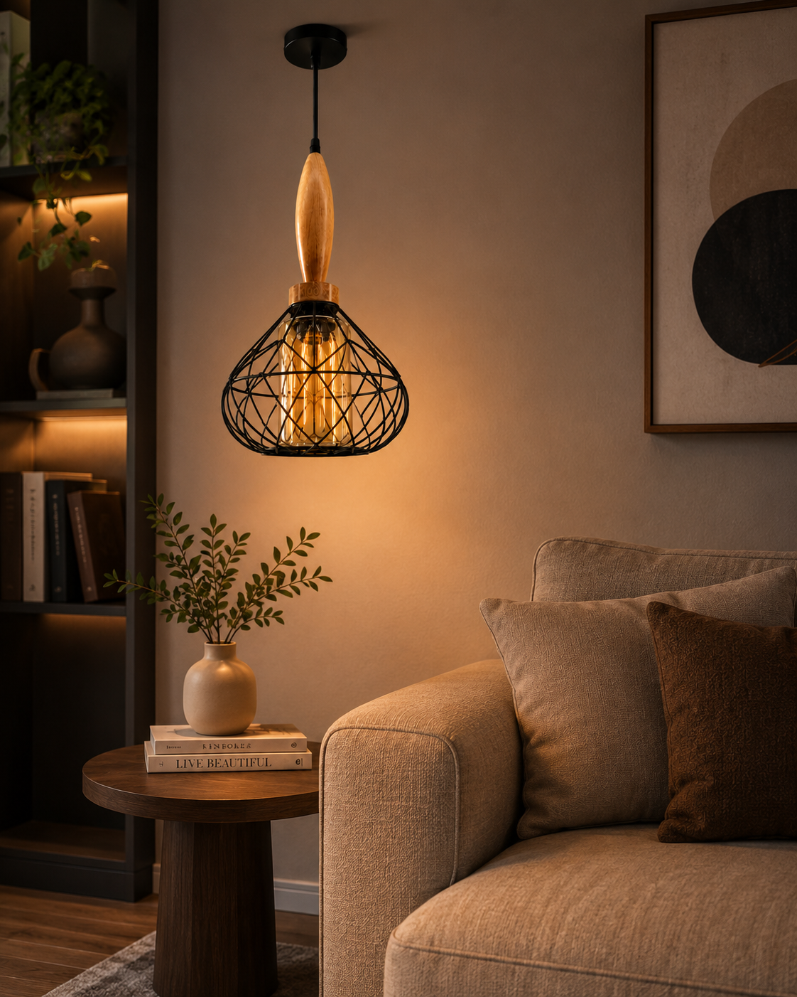 Ojaro Modern Wooden Cage Pendant Light for Bedroom, Living Room