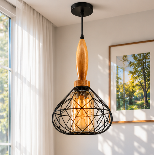 Ojaro Modern Wooden Cage Pendant Light for Bedroom, Living Room
