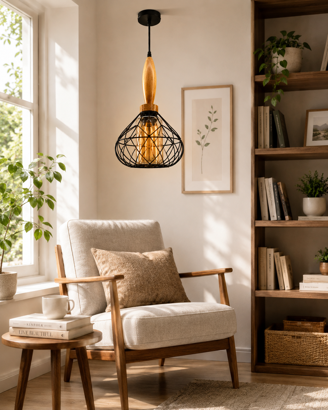 Ojaro Modern Wooden Cage Pendant Light for Bedroom, Living Room