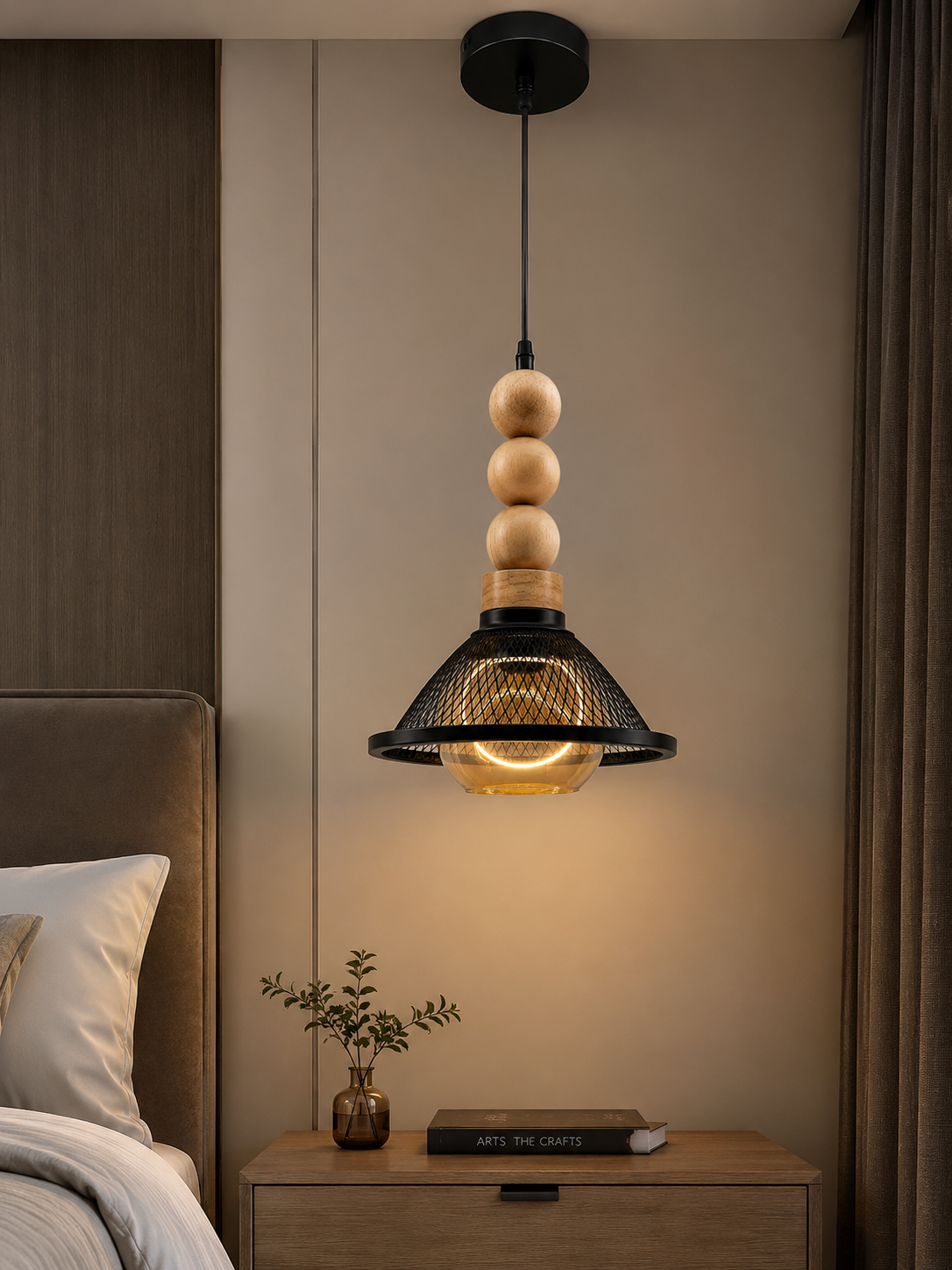 Ojaro Rustic Wooden Mesh Pendant Light for Bedroom, Living Room
