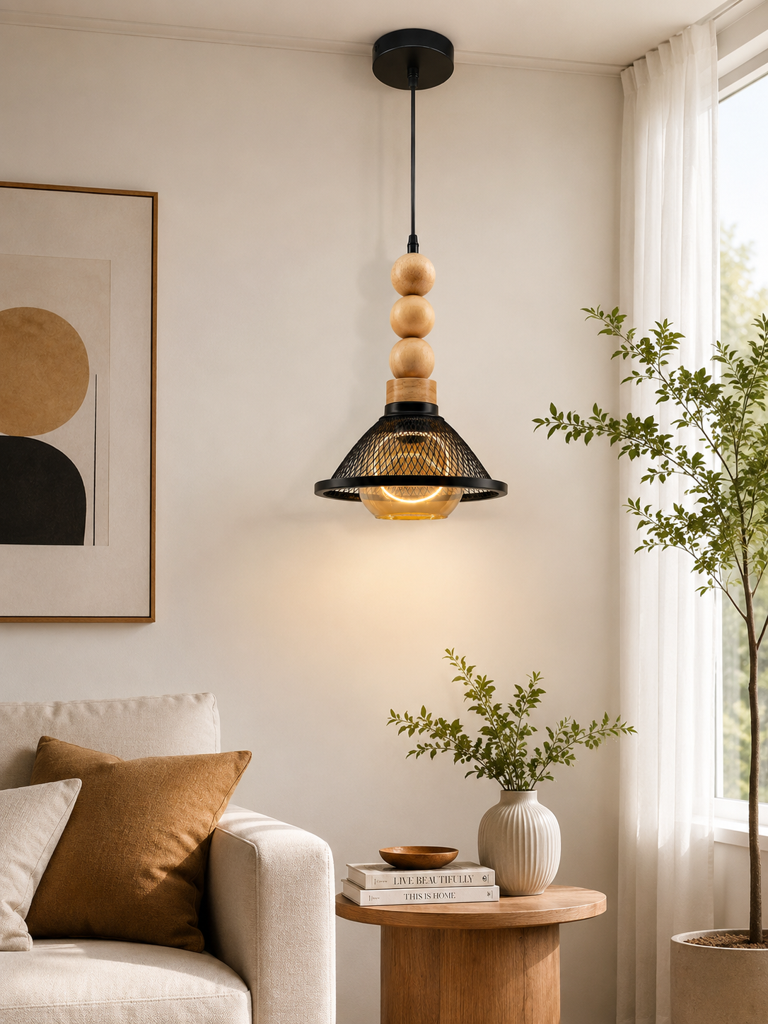 Ojaro Rustic Wooden Mesh Pendant Light for Bedroom, Living Room