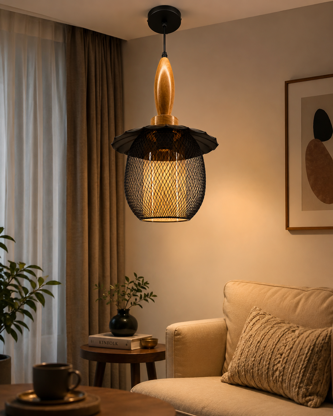 Ojaro Vintage Wooden Mesh Pendant Light for Bedroom, Living Room
