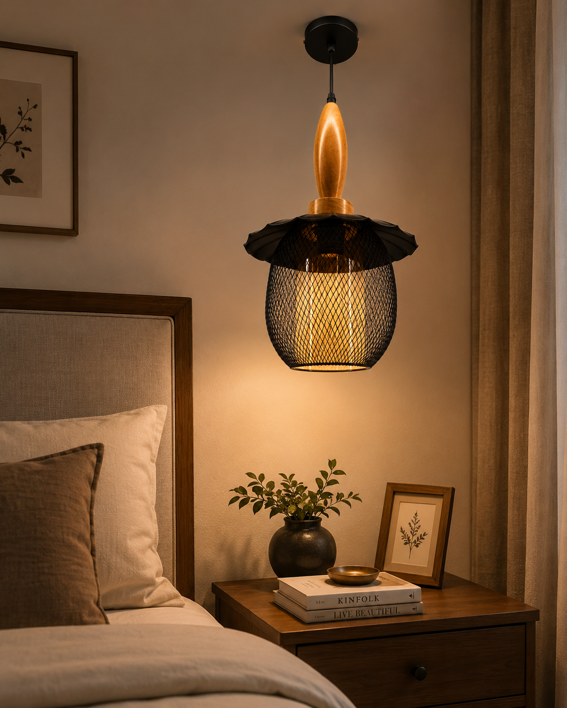 Ojaro Vintage Wooden Mesh Pendant Light for Bedroom, Living Room