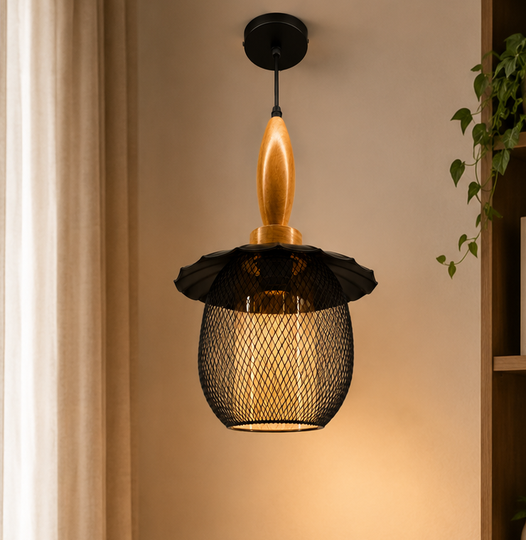 Ojaro Vintage Wooden Mesh Pendant Light for Bedroom, Living Room