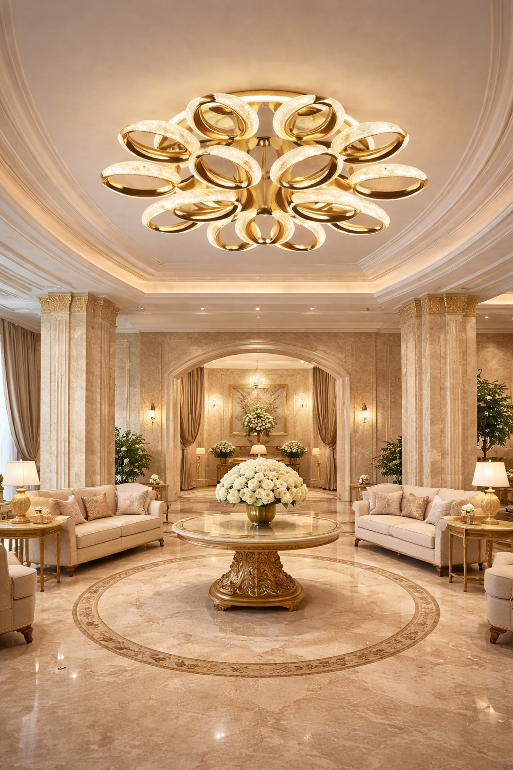 HDC 10+5 Luxury Golden Floral Ring LED Ceiling Chandelier Light for Living Room