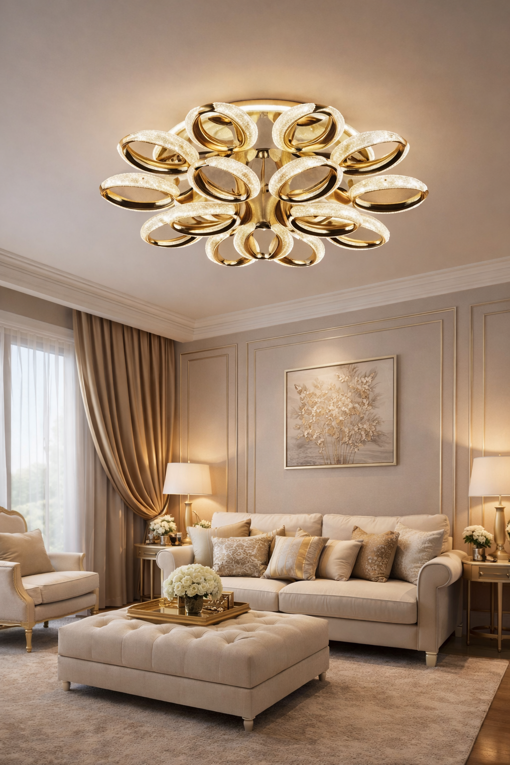 HDC 10+5 Luxury Golden Floral Ring LED Ceiling Chandelier Light for Living Room