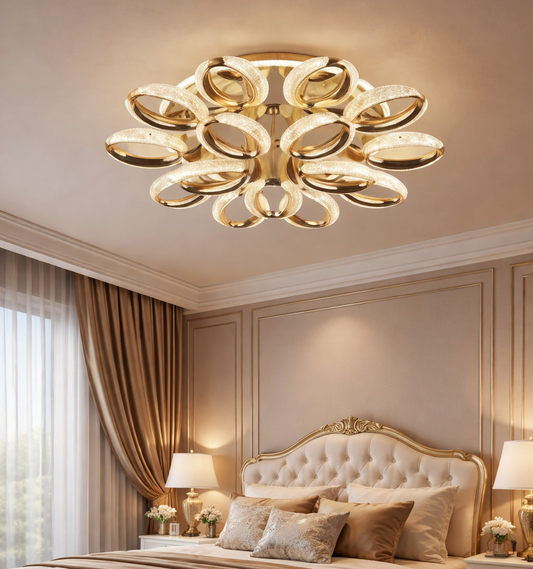 HDC 10+5 Luxury Golden Floral Ring LED Ceiling Chandelier Light for Living Room