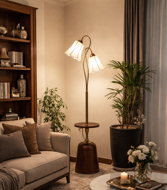 HDC Luxury Dual Petal Shade Floor Lamp with Wooden Base & Side Table