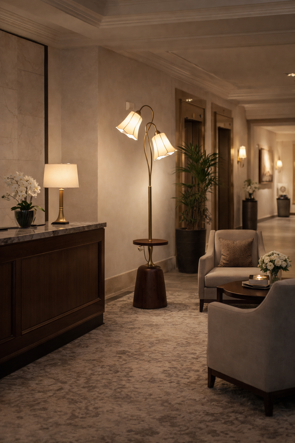 HDC Luxury Dual Petal Shade Floor Lamp with Wooden Base & Side Table