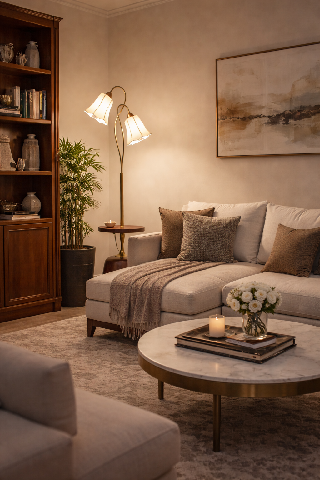 HDC Luxury Dual Petal Shade Floor Lamp with Wooden Base & Side Table
