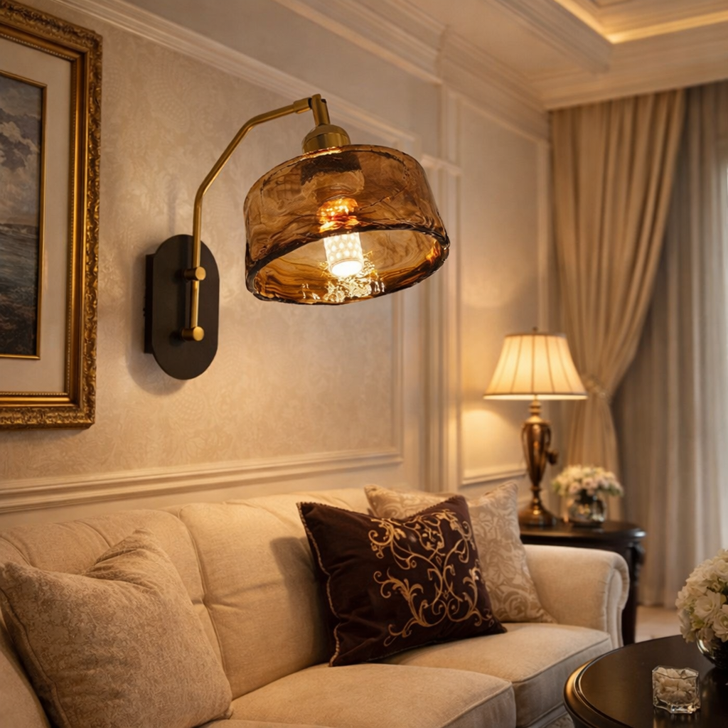 HDC Luxury Amber Glass Adjustable Wall Light for Living Room, Bedroom