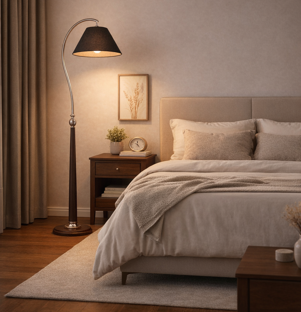 HDC Luxury Wooden Floor Lamp with Fabric Shade for Bedroom, Living Room