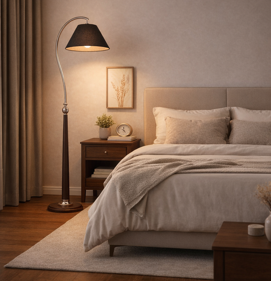 HDC Luxury Wooden Floor Lamp with Fabric Shade for Bedroom, Living Room