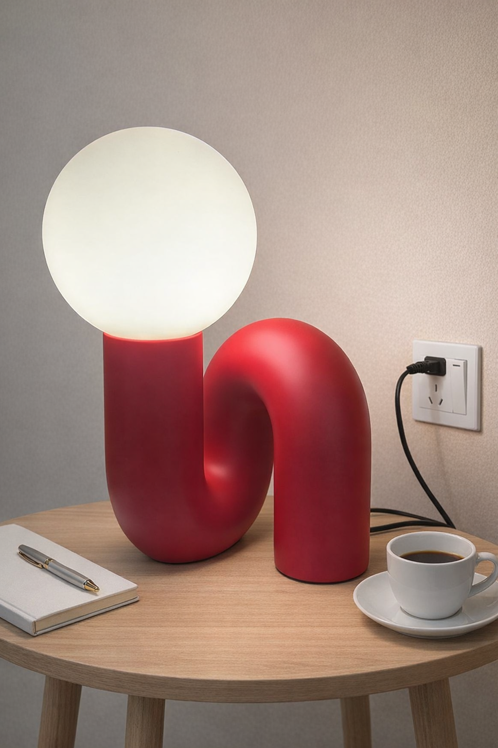 HDC Modern Sculptural Red Loop Table Lamp for bedroom, kids room