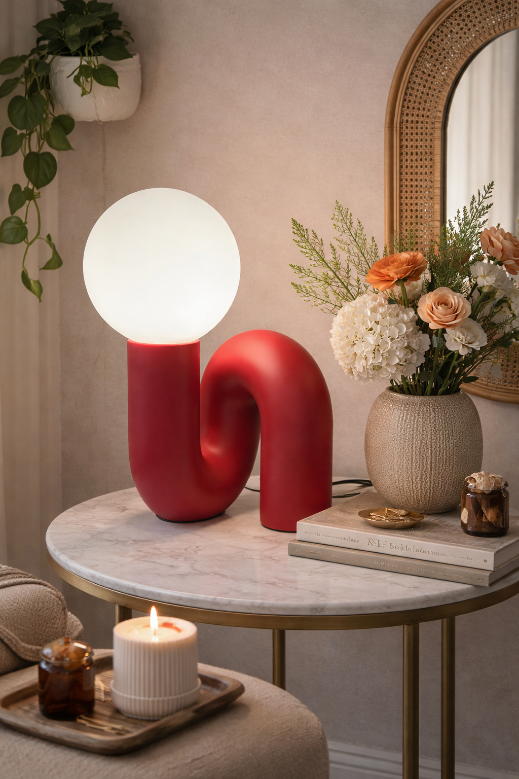 HDC Modern Sculptural Red Loop Table Lamp for bedroom, kids room