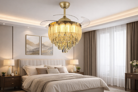 HDC 42 Inches Luxury Crystal Ceiling Fan Chandelier with Leaf Design