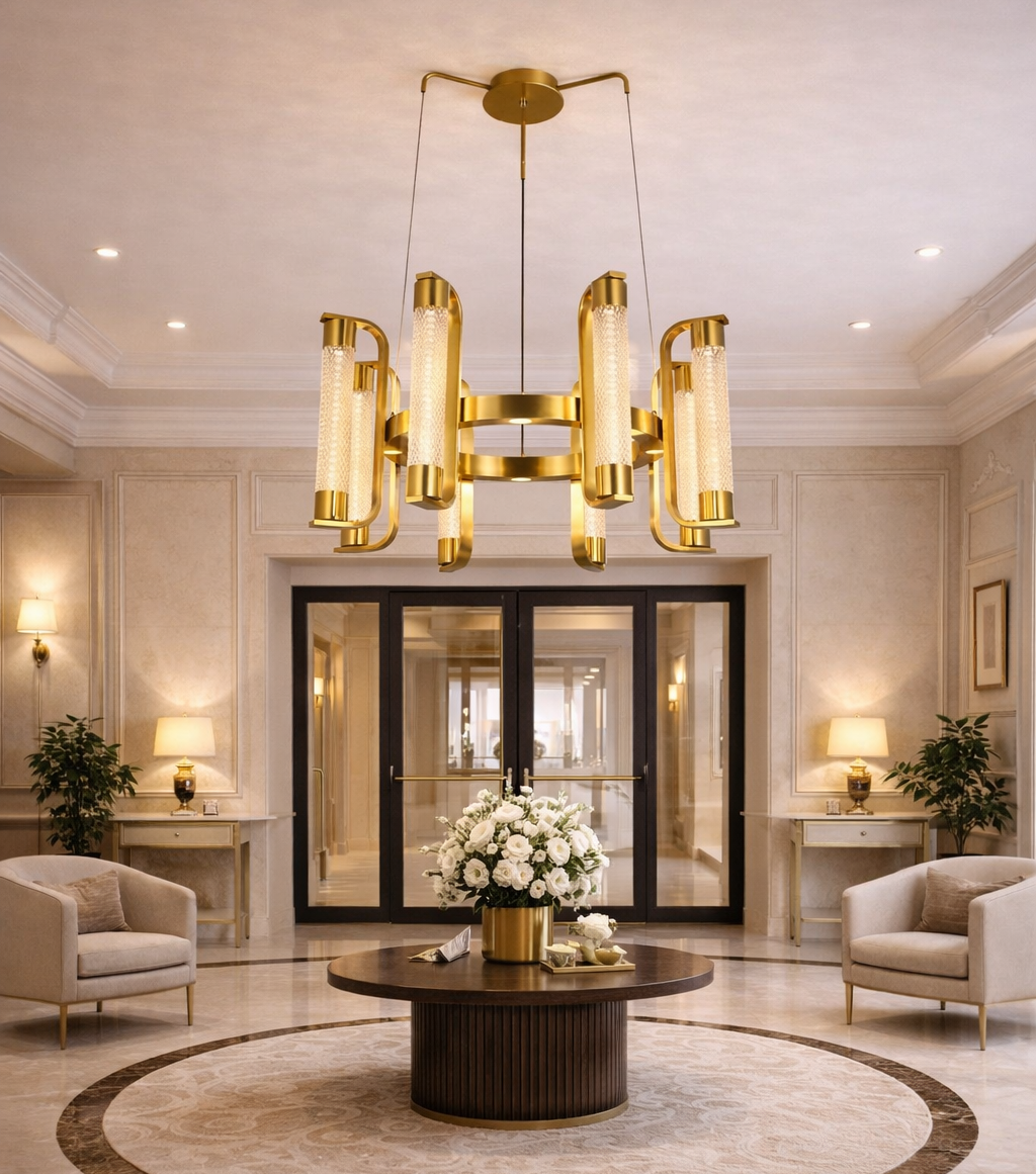 HDC 8 Lights Luxury Gold Ring Chandelier with Crystal Diffusers for Living Room