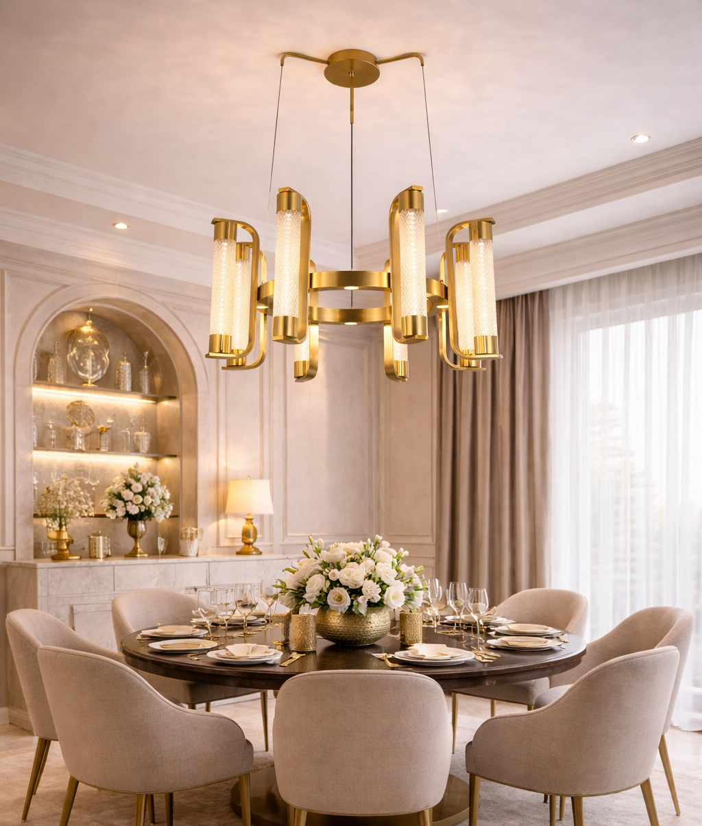 HDC 8 Lights Luxury Gold Ring Chandelier with Crystal Diffusers for Living Room