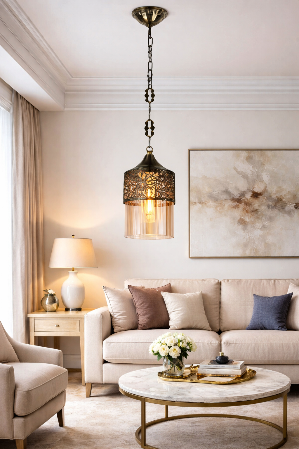 HDC Vintage Antique Brass Hanging Pendant Light with Amber Glass Shade