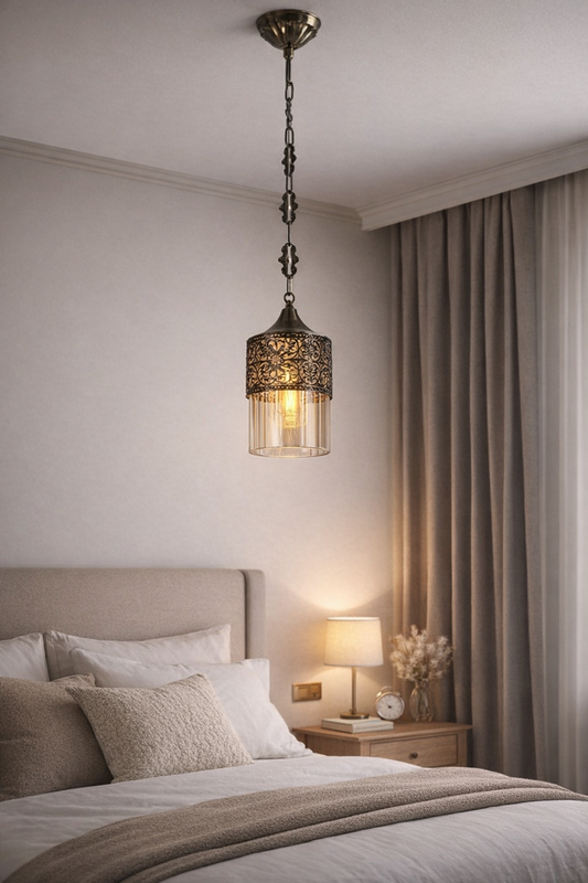 HDC Vintage Antique Brass Hanging Pendant Light with Amber Glass Shade