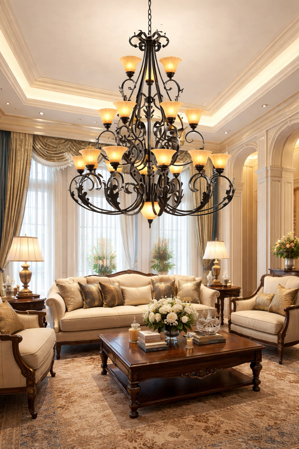 HDC Luxury 16 Lights Multi-Tier Classic Iron Chandelier with Frosted Glass Shades for Living Room